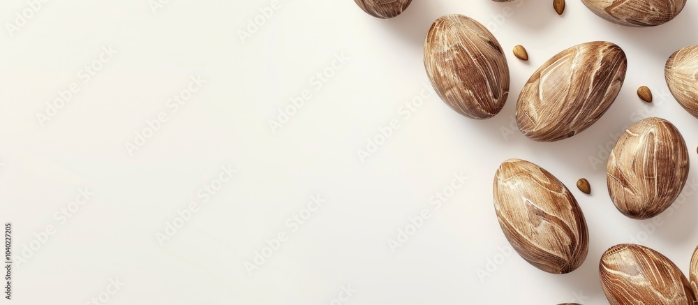 Poster creating easter decorations with wooden eggs placed on a white background for a copy space image