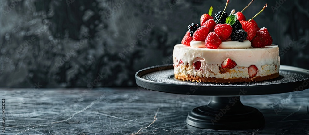 Poster cake displayed on a black table with a available space for additional images