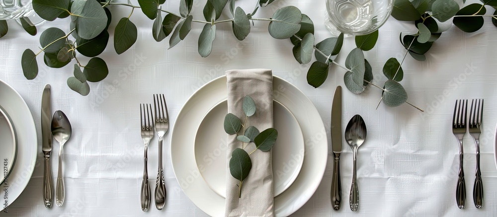 Poster chic table setting with silverware napkin eucalyptus and plates on a bright surface seen from above 