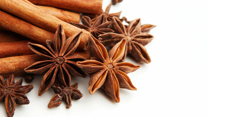 Close-up of Star Anise and Cinnamon Sticks on White Background	

