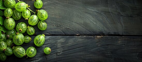 A pictorial shot of bright green gooseberries creatively displayed on a dark wooden background clustered to the left side with ample space for text or design in the image