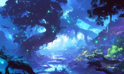 Obraz premium Enchanted Forest with Glowing Lights at Dusk