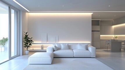 A white living room with a couch, a potted plant, and a picture on the wall