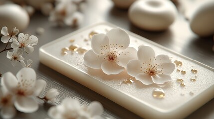 A serene display of soap with flowers and droplets, evoking relaxation and beauty.