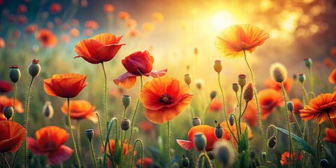 Fototapeta premium Scattered Poppy Blooms in Vibrant Colors Enhancing Natural Beauty and Serenity