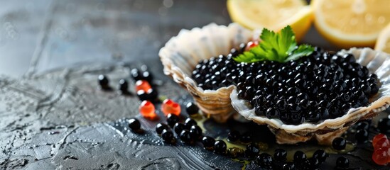 Black lumpfish caviar arranged as a fresh seafood appetizer on a table with a plain background for copy space image