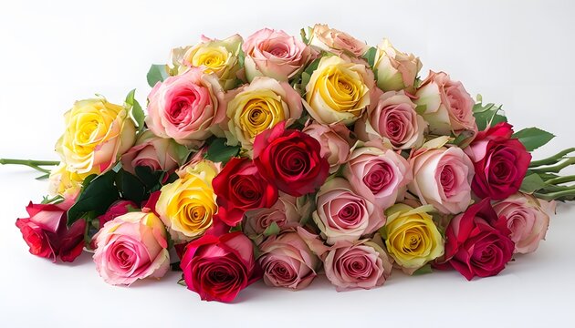 A large bouquet of multicolored roses, pinks, reds, and yellows lying fully open on a white background