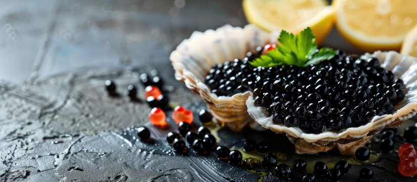 Black lumpfish caviar arranged as a fresh seafood appetizer on a table with a plain background for copy space image