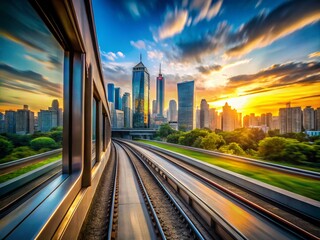 Fototapeta premium Scenic Cityscape View from a Train Window – Urban Journey Photography