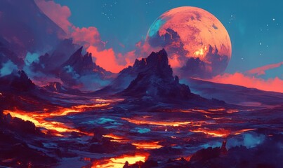 Alien Landscape with Lava and Full Moon