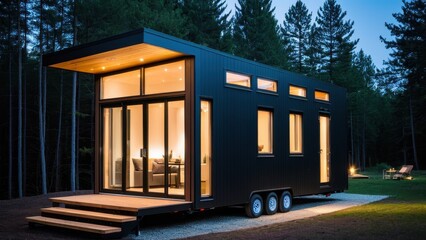A modern tiny house on wheels glows warmly at dusk, set against a backdrop of tall trees, highlighting minimalist architecture and cozy living.
