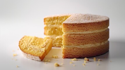 A slice is removed from a layered cake