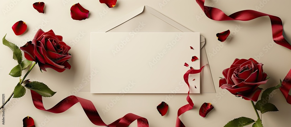 Aufkleber top view of a greeting card mockup on a beige background adorned with a red rose and ribbon offering