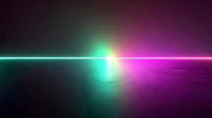 Colorful light beams intersecting in a dark, reflective environment with a smooth surface creating an ethereal atmosphere