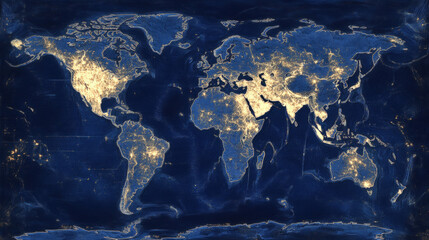 A super map of the world in blue and white colors with major world sites represented by dots of light 