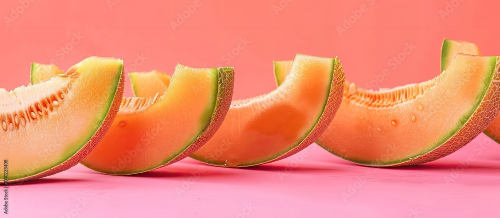 Poster sweet melon slices arranged on a pink background with ample copy space image
