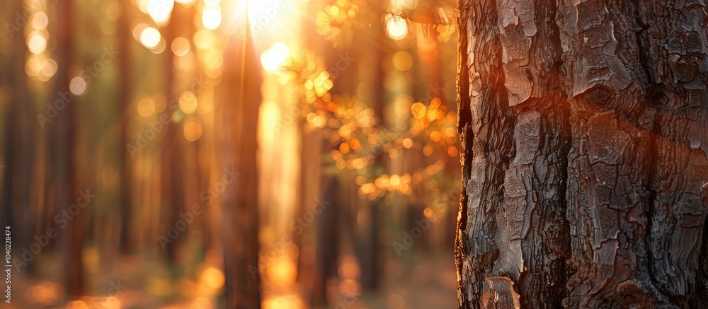 Poster sunny summer day in a forest showcasing pine tree trunks with a wide shot includes copy space image