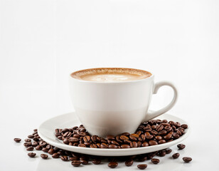 Obraz premium Coffee Mug and Grinded Coffee Beans Concept Photography Isolated on White Background