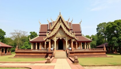 Naklejka premium Elegant Thai temple under clear blue sky