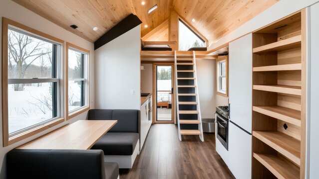 A modern tiny house on wheels glows warmly at dusk, set against a backdrop of tall trees, highlighting minimalist architecture and cozy living.
