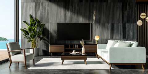 A luxurious minimalist living room featuring sleek furniture, a large TV, and panoramic ocean views through floor-to-ceiling windows.