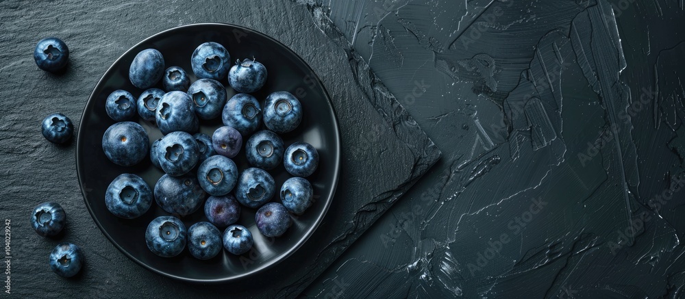 Poster top view of blueberries arranged on a black plate on a black stone table with a copy space image