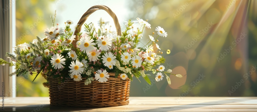 Poster close up of a wicker basket filled with stunning flowers on a table with ample copy space image avai
