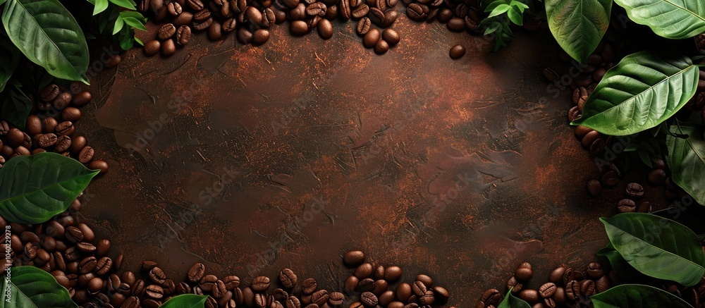 Poster coffee beans and leaves create a textured background for an inviting coffee shop advertisement with 