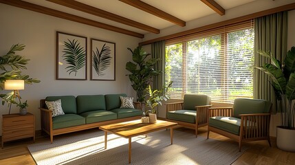 Fototapeta premium A cozy, modern living room featuring green furniture, large windows, and decorative plants, illuminated by natural sunlight.