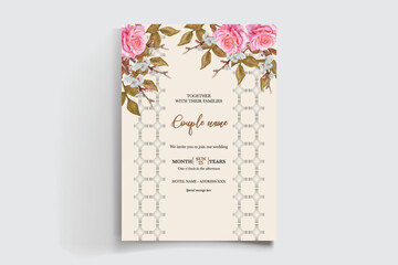 WEDDING INVITATION FRAME WITH FLOWER DECORATIONS AND FRESH LEAVES 