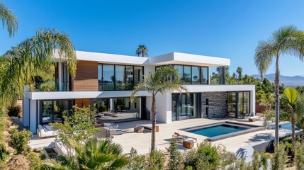 Obraz premium The house is modernly built to the house, includes a terrace, patio and courtyard