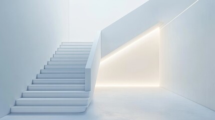 Obraz premium Minimalist white staircase with clean lines and an empty wall for text or branding