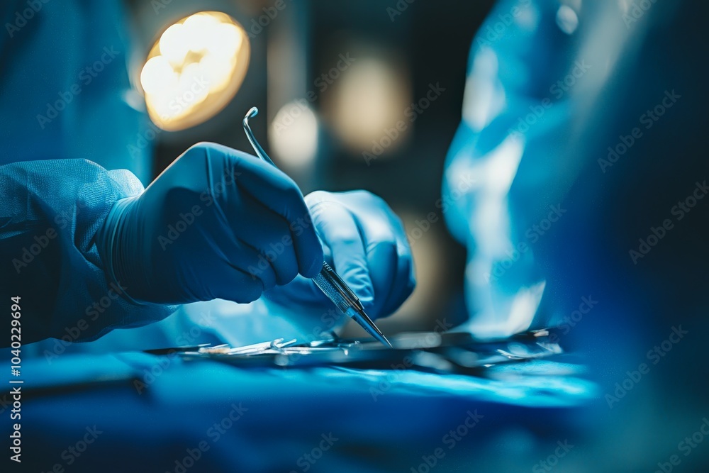 Poster the image captures a close-up of a surgeon's gloved hands precisely handling surgical instruments in