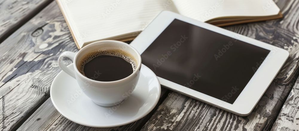 Poster An office desk displaying a digital tablet a coffee cup and a notebook offering room for additional content with a copy space image