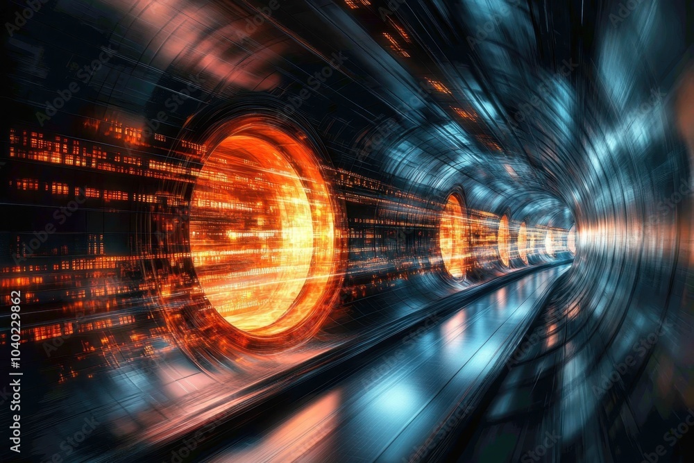 Poster a futuristic tunnel with vibrant digital displays and glowing circular elements in motion