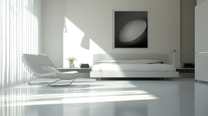 Modern bedroom with clean lines and geometric decor, offering ample space for copy