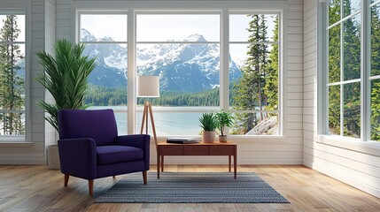 A cozy interior with a purple armchair, wooden table, and plants, offering a stunning view of mountains through large windows.