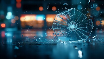 Fototapeta premium A shattered umbrella lies on a wet surface, scattering shards of glass-like droplets, illuminated by distant city lights in a moody, nighttime atmosphere.