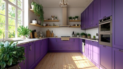 A vibrant kitchen with purple cabinetry, wooden accents, and greenery, illuminated by natural light, creating a fresh and inviting atmosphere.