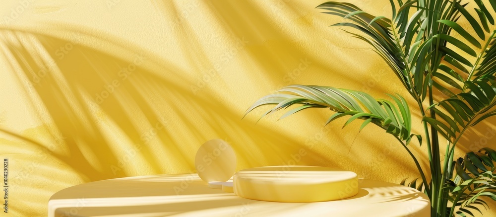 Poster a studio setting with an empty display podium to showcase products against a sunny yellow backdrop w