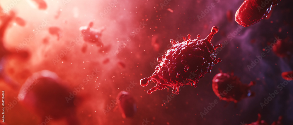 Poster microscopic view of red virus cells in a red and purple background, microscopic view of red virus ce