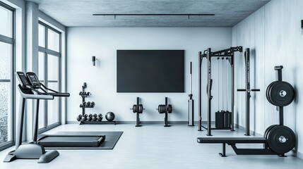 Modern bedroom with minimalist decor and geometric patterns, offering room for branding or text