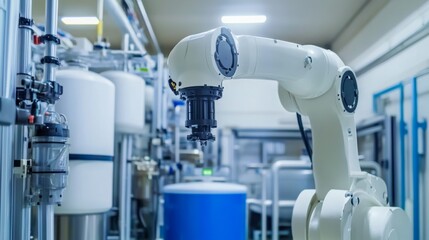 A robot performing automated water purification in a modern water treatment facility with clean, organized purification stations and advanced water processing systems, Water purification tech style