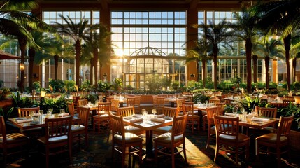 A beautiful sunlit restaurant interior with lush green plants and elegant wooden furniture, creating an inviting atmosphere for diners