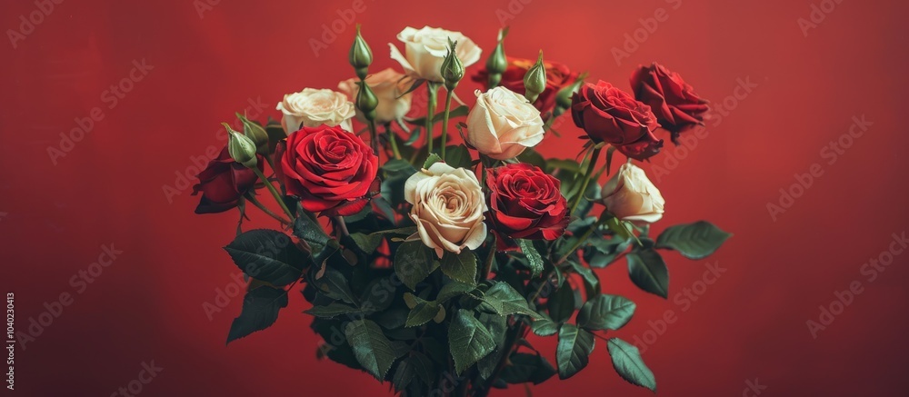 Poster an image featuring a bouquet of red and white roses with green leaves in the center leaving room for
