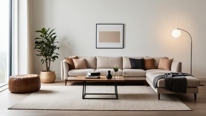 A minimalist living room with a beige sofa, blue and gray pillows, a cozy armchair, coffee table, potted plant, elegant floor lamp, and neutral accents.