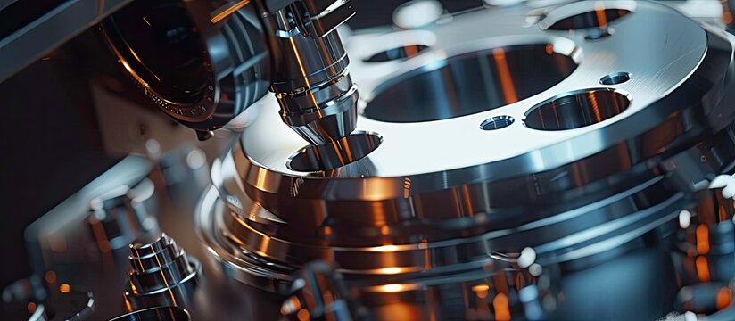 Close up view of an automatic coordinate measurement machine CMM inspecting a high precision part with copy space image