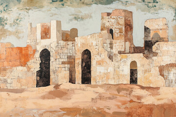 A serene painting that reflects multiple historical sites across Saudi Arabia