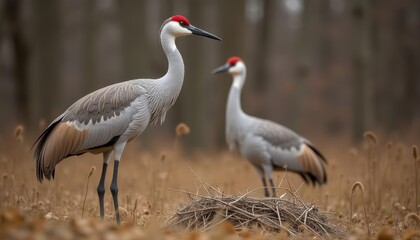 Obraz premium Nesting in harmony A pair of cranes in their natural habitat
