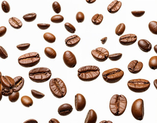 Coffee beans falling in the air isolated on a white background. Coffee beans flying.